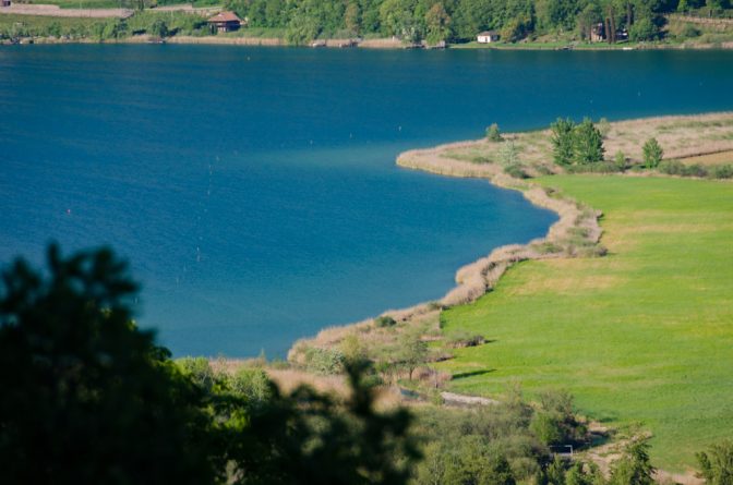 Blick auf den Kalterer See mit Biotop vom Naturerlebnisweg Tramin