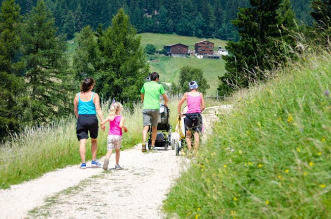 Der Wanderweg vom Bewaller zum Karersee verläuft teilweise entlang von Wiesen