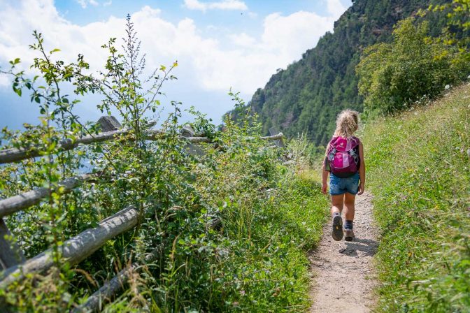 Immer wieder wandern wir entlang von Wiesen und mehr oder weniger gut Instand gehaltener Holzzäunde am Merander Höhenweg