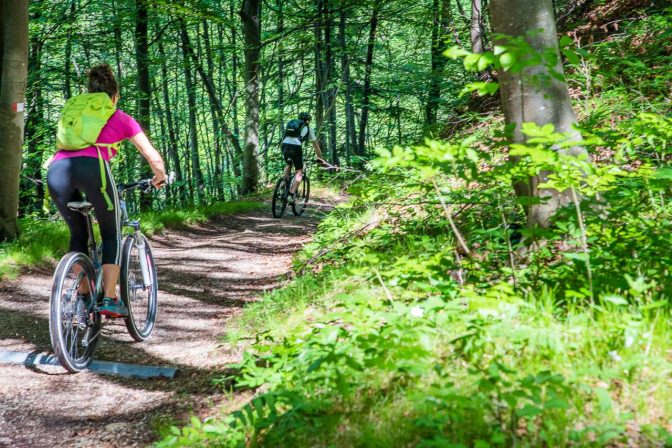 Mountainbiker auf dem Forstweg Strada Mont del Gidio