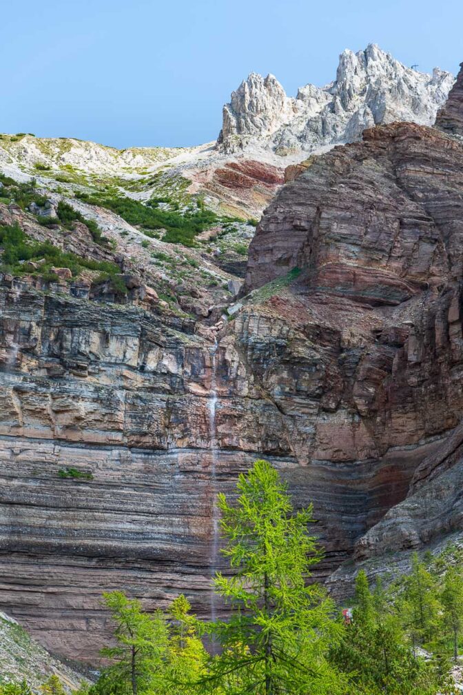 Der Bletterbach-Wasserfall im Talschluss. Darüber der Gipfelaufbau des Weißhorns