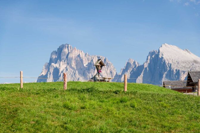 Wegkreuz bei den Mooshütten. Langkofel und Plattkofel im Hintergrund