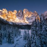 Alpenglühen, Dolomiten, Palagruppe, Pale, Pale di San Martino, Schnee, Sonnenuntergang, Val Venegia, Winter, inverno, weiße Jahreszeit, winter