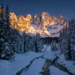 Alpenglühen, Dolomiten, Palagruppe, Pale, Pale di San Martino, Schnee, Sonnenuntergang, Travignolo, Val Venegia, Winter, inverno, weiße Jahreszeit, winter