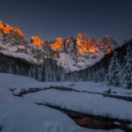 Alpenglühen, Palagruppe, Pale, Pale di San Martino, Schnee, Travignolo, Winter, inverno, weiße Jahreszeit, winter