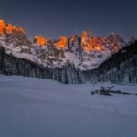 Alpenglühen, Palagruppe, Pale, Pale di San Martino, Schnee, Winter, inverno, weiße Jahreszeit, winter