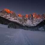 Alpenglühen, Palagruppe, Pale, Pale di San Martino, Schnee, Winter, inverno, weiße Jahreszeit, winter