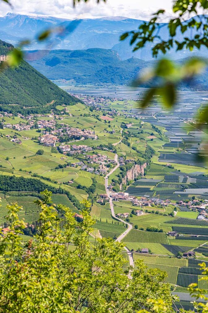 Bei einer Bank hat man vom alten Fennerweg einen wunderbaren Ausblick auf die Südtiroler Weinstraße über Kurtatsch bis nach Tramin und zum Kalterer See